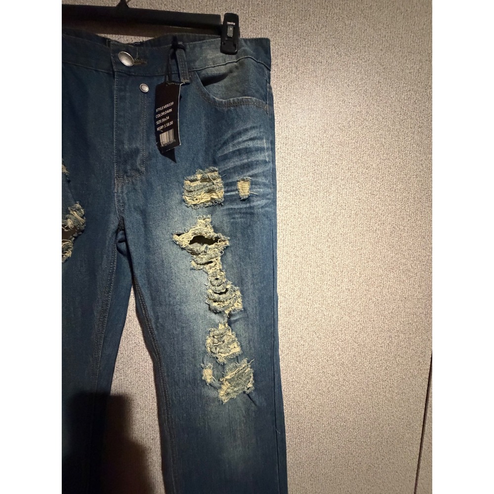 Outback Rider Mens Distressed Ripped Denim Jeans Dark Wash VE8339 36x34 NEW - Picture 2 of 9